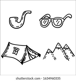 Set of hand drawn camping equipment symbols and icons.