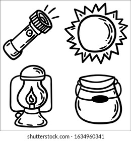 Set of hand drawn camping equipment symbols and icons.
