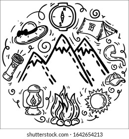 Set of hand drawn camping equipment symbols and icons.