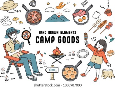 Set of hand drawn camping equipment symbols and icons, hiking, mountain climbing and camping doodle elements, vector illustration, camp clothes, shoes, gear and camp associated things