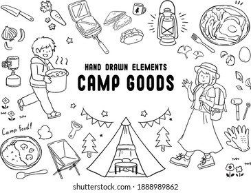 Equipo de acampada a mano y símbolos e íconos de cocina, senderismo, montañismo y acampada elementos de doodle, ilustración vectorial, ropa de campamento, zapatos, equipo y objetos asociados al campamento