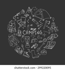 Set of hand drawn camping equipment symbols and icons, hiking, mountain climbing and camping doodle elements, vector illustration, camp clothes, shoes, gear and camp associated things on blackboard