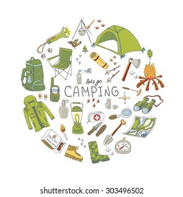 Set Of Hand Drawn Camping Equipment Symbols And Icons, Hiking, Mountain Climbing And Camping Doodle Elements, Vector Illustration, Camp Clothes, Shoes, Gear And Camp Associated Things