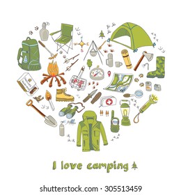 Set of hand drawn camping equipment symbols and icons, hiking, mountain climbing and camping doodle elements, vector illustration, camp clothes, shoes, gear and camp associated things