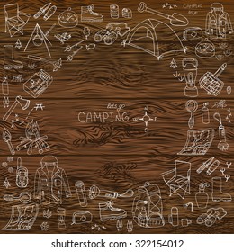 Set of hand drawn camping equipment symbols and icons, hiking, mountain climbing and camping doodle elements, vector illustration, camp clothes, shoes, gear and camp associated things,  wood texture