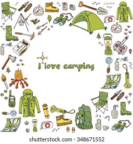 Set Of Hand Drawn Camping Equipment Symbols And Icons, Hiking, Mountain Climbing And Camping Doodle Elements, Vector Illustration, Camp Clothes, Shoes, Gear And Camp Associated Things