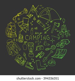 Set of hand drawn camping equipment symbols and icons, hiking, mountain climbing and camping doodle elements, vector illustration, camp clothes, shoes, gear and camp associated things on blackboard