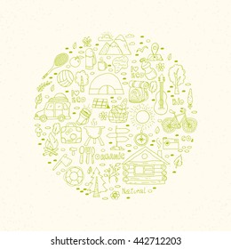 Set of hand drawn camping equipment symbols. Eco travel element. Hand drawing doodles. Vacation design vector illustration.
