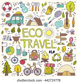 Set of hand drawn camping equipment symbols. Eco travel element. Hand drawing doodles. Vacation design vector illustration.