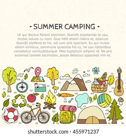 Set of hand drawn camping equipment symbols. Eco travel element. Hand drawing doodles. Vacation design vector illustration.