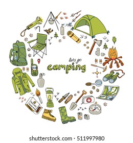 Set of hand drawn camping equipment symbols and icons. Vector illustration. Hiking, mountain climbing doodle elements: camp clothes, shoes, gear, fire place, backpack, lantern, campsite, shovel, axe
