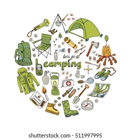 Set of hand drawn camping equipment symbols and icons. Vector illustration. Hiking, mountain climbing doodle elements: camp clothes, shoes, gear, fire place, backpack, lantern, campsite, shovel, axe