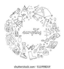 Set of hand drawn camping equipment symbols and icons. Vector illustration. Hiking, mountain climbing doodle elements: camp clothes, shoes, gear, fire place, backpack, lantern, campsite, shovel, axe