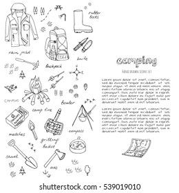 Set of hand drawn camping equipment symbols and icons, hiking, mountain climbing and camping doodle elements, vector illustration, camp clothes, shoes, gear and camp associated things
