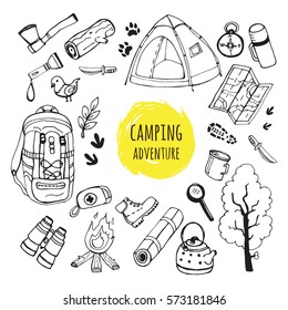 Set of hand drawn camping equipment symbols and icons