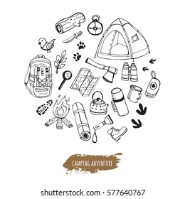 Set Of Hand Drawn Camping Equipment Symbols And Icons.