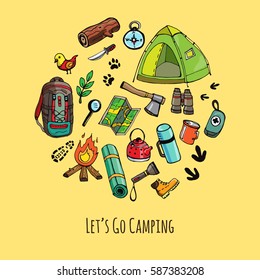 Set of hand drawn camping equipment symbols and icons