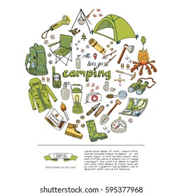 Set Of Hand Drawn Camping Equipment Symbols And Icons. Vector Illustration. Hiking, Mountain Climbing Doodle Elements: Camp Clothes, Shoes, Gear, Fire Place, Backpack, Lantern, Campsite, Shovel, Axe