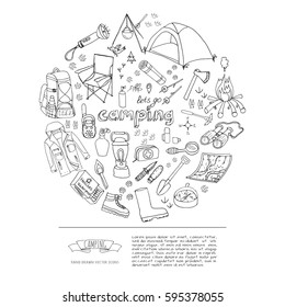 Set of hand drawn camping equipment symbols and icons. Vector illustration. Hiking, mountain climbing doodle elements: camp clothes, shoes, gear, fire place, backpack, lantern, campsite, shovel, axe