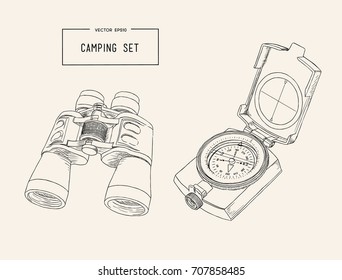 Set of hand drawn camping equipment drawings. compass and binoculars .Sketches. Hand-drawing. Vector illustration of for design and packages product. Vector Illustration.