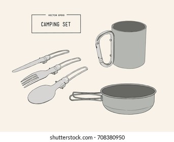 Set of hand drawn camping equipment drawings. Camping tableware , pan and glass.Stainless Steel Knife Fork and Spoon Outdoor Camping Picnic Tableware,