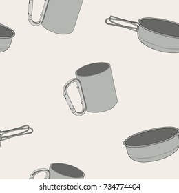 Set of hand drawn camping equipment drawings. Sketches. Hand-drawing. Camping tableware consisting of cutlery, pan and glass. seamless pattern vector.