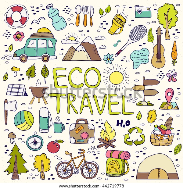 Set\
of hand drawn camping equipment symbols. Eco travel element. Hand\
drawing doodles. Vacation design vector\
illustration.