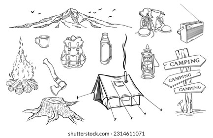 Set of hand drawn camping and hiking elements isolated on white background. Camping concept. Outdoor activities. Travel. Wanderlust. Adventure. Vector illustration engraving style
