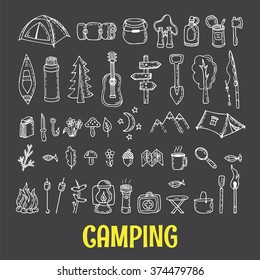 Set of hand drawn camping and hiking equipment.  Hike icons. Travel and vacation doodle collection. Summer vacation icons. Vector illustration