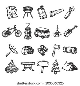 Set of hand drawn camping icons. Vector illustration.