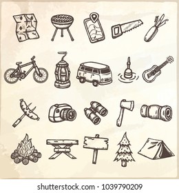 Set of hand drawn camping icons. Vector illustration.