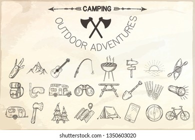 Set of hand drawn camping icons. Vector illustration.