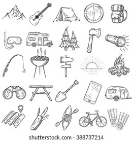 Set Of Hand Drawn Camping Icons. Vector Illustration.