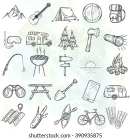 Set Of Hand Drawn Camping Icons. Vector Illustration.