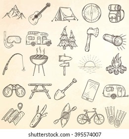 Set Of Hand Drawn Camping Icons. Vector Illustration.