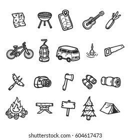 Set of hand drawn camping icons. Vector illustration.