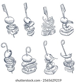 Set of hand drawn canapes. Fingerfood with various ingredients, such as olives, cheese, bread, vegetables, and sausage, skewered on sticks. Vector illustration