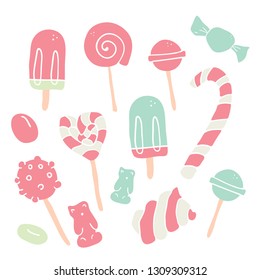Set hand drawn candies, donut, lollipop, candy, gummy bears, marshmallows, desserts. Illustration, doodle isolated on white. - Vector