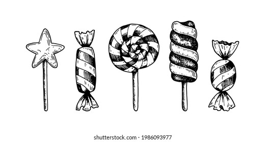 Set of hand drawn candies isolated on white. Vector illustration in sketch style