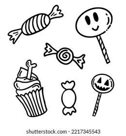 Set of hand drawn candies lollipops cupcake in doodle style. Traditional halloween sweets