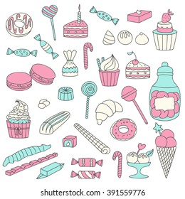 Set of hand drawn candies and sweets. Vector illustration. EPS8