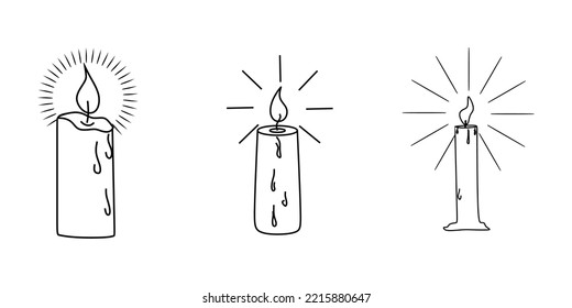 Set of Hand drawn candle with fire on white background. Candle doodle illustration. linear candle vector eps10