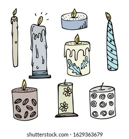 Set of hand drawn candles isolated on a white background. Doodle, simple outline illustration. It can be used for decoration of textile, paper and other surfaces.