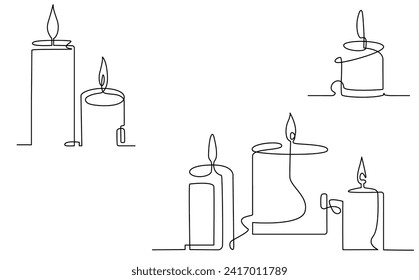 Set of Hand Drawn Candles. Сontinuous line drawing style. Vector illustration.