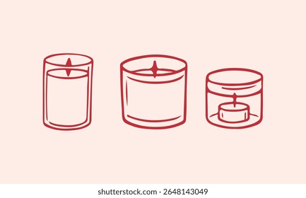 Set of hand drawn candles in red color. Candles in glass cups. Vector illustration in retro sketch 