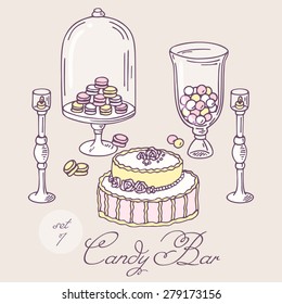 Set of hand drawn candy bar objects. Bakery goods clip art. Vector illustration in shabby chic style for sweet shop