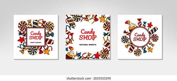 Set of hand drawn Candy shop designs. Vector illustration in sketch style. Template for social media, logo, cards, labels, leaflets