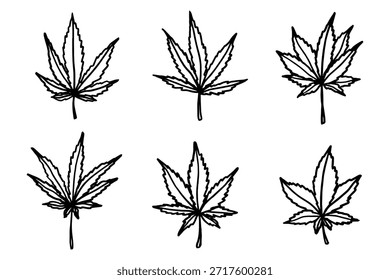 Conjunto de hoja de cannabis dibujado a mano Medicina marihuana Hojas de cáñamo Clipart en estilo doodle Un solo elemento para impresión, Web, diseño, decoración