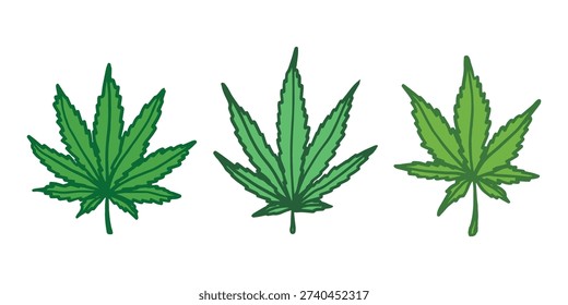 Set of hand drawn cannabis leaf Medicine marijuana Hemp leaves clipart in doodle style Single element for print, web, design, decor