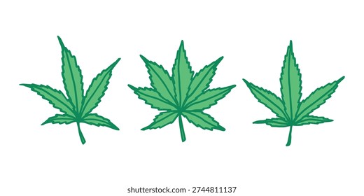 Set of hand drawn cannabis leaf Medicine marijuana Hemp leaves clipart in doodle style Single element for print, web, design, decor